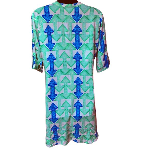 UTSA Blue Green Double Arrow Print Hi Low Viscose Pullover Tunic - Picture 6 of 10